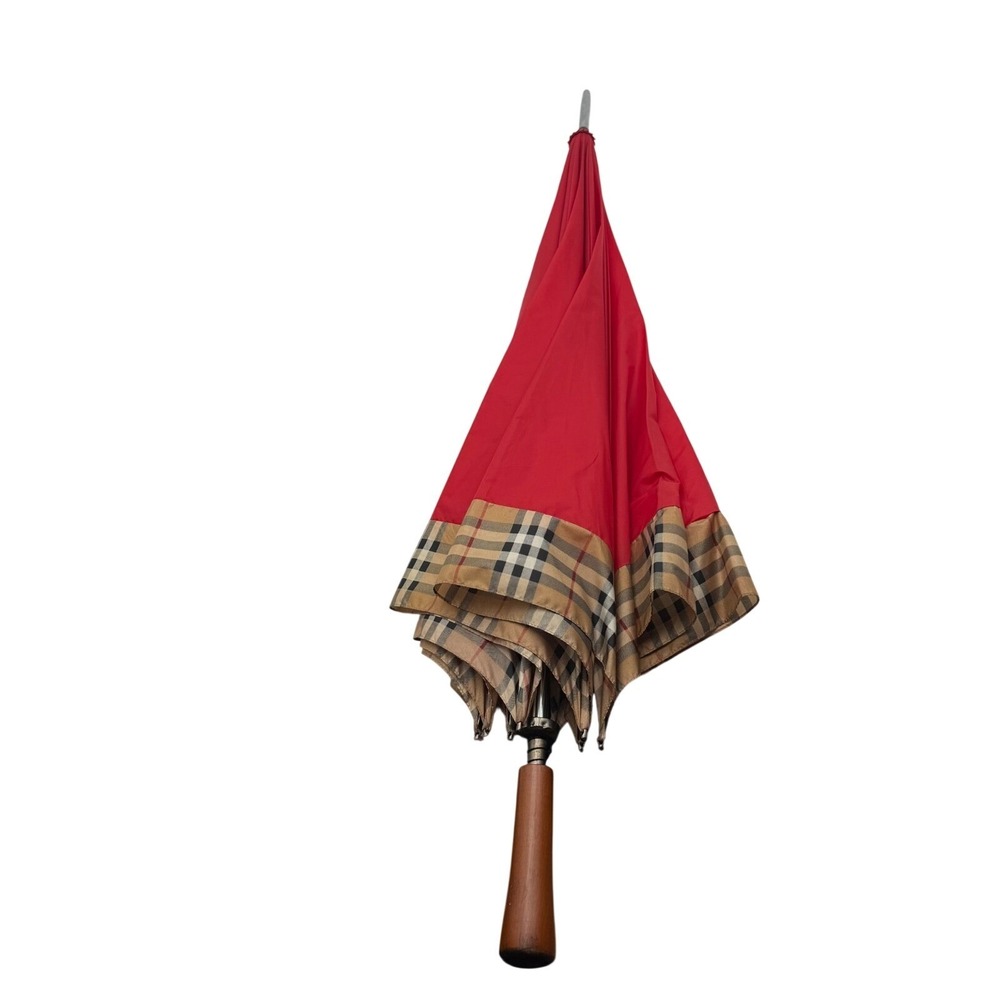 Burberrys Perfumes Vintage Folding Umbrella Red Nova Check Plaid Nylon